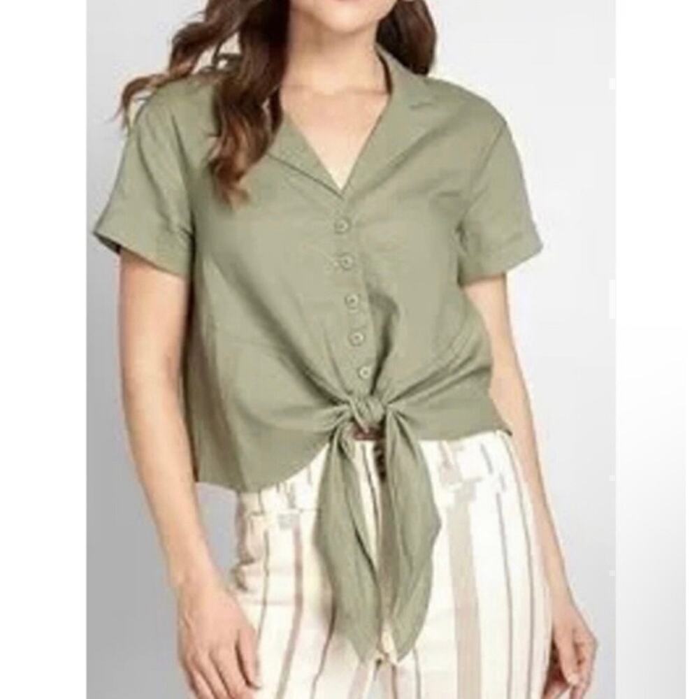 Modcloth Wisley Tied Linen Blend Tie Front Cropped Button Up Top Olive Green M